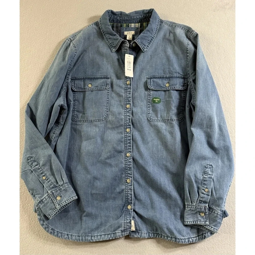 LL Bean Womens XL Heritage Washed Button Up Denim Shirt Plaid Lined Shacket NWT - Picture 1 of 6